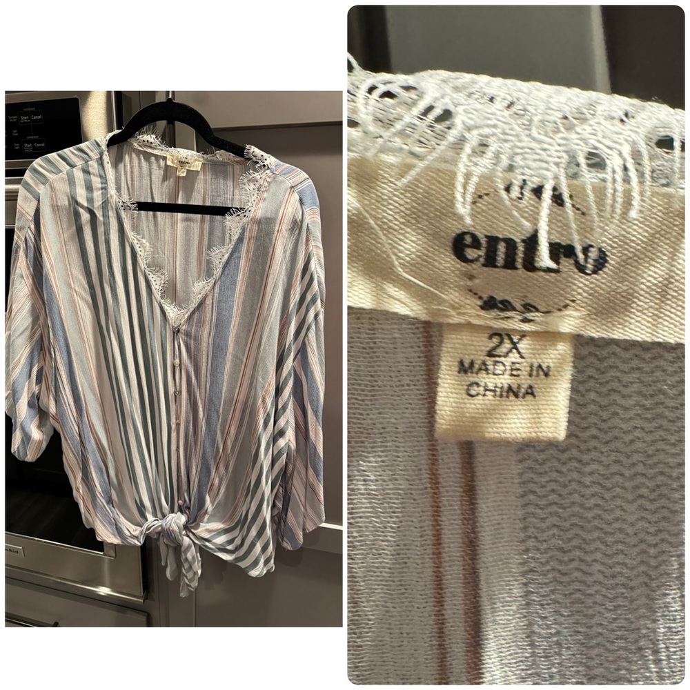 Entro Blue and White Striped Lace Blouse